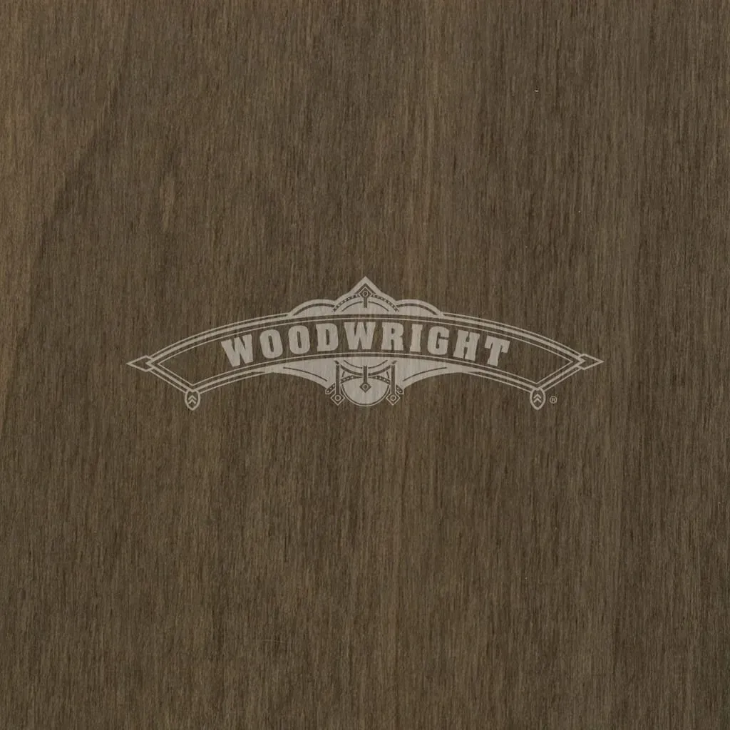 Woodwright logo on a woodgrain background, the text arched with decorative elements.