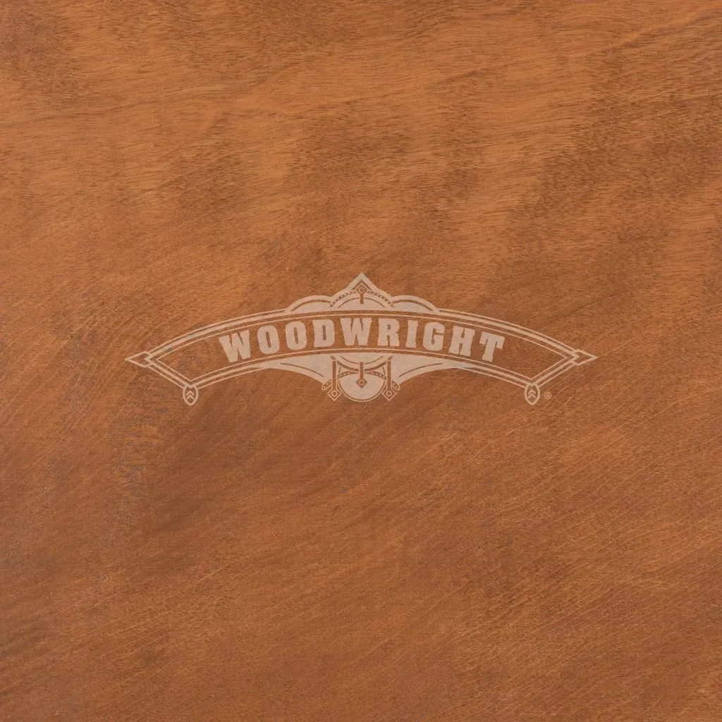 Logo for Woodwright, set against a brown wood grain background.