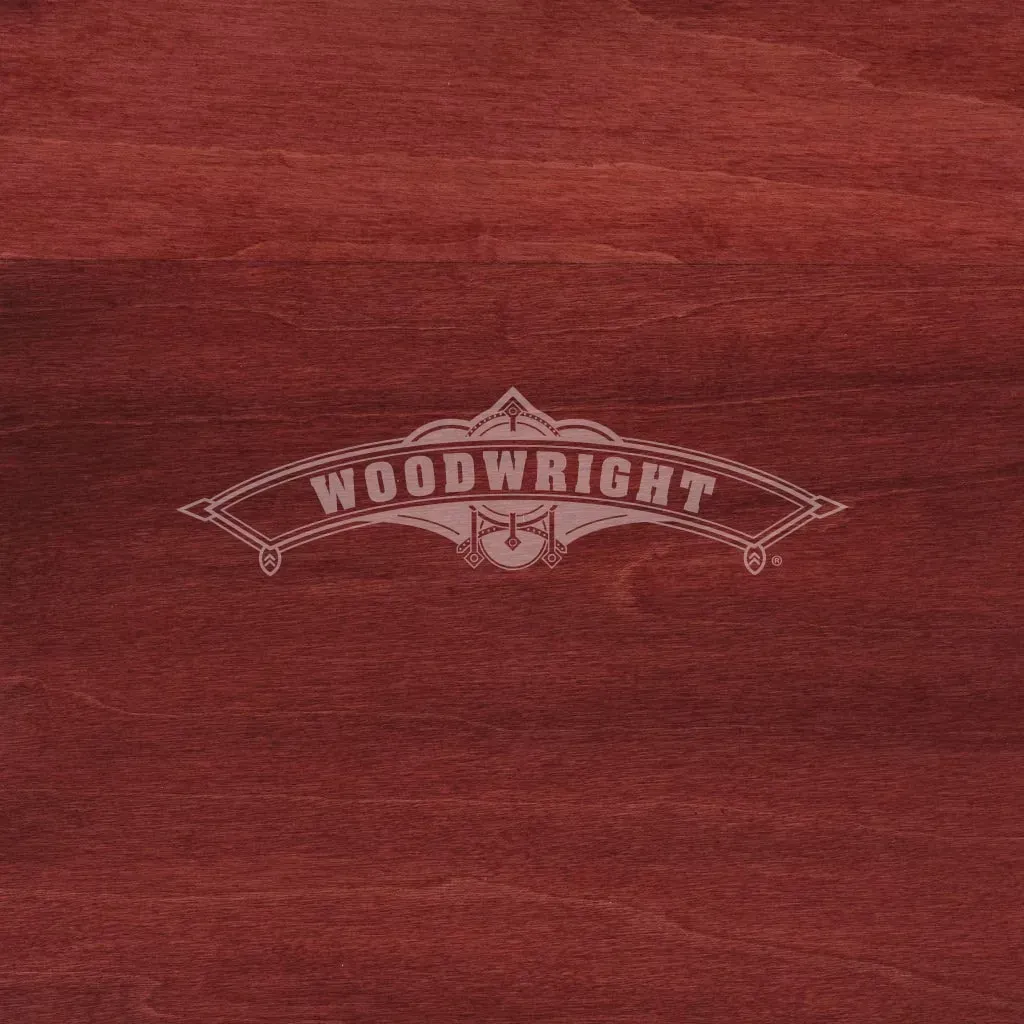 Woodwright logo on a red-brown woodgrain background.
