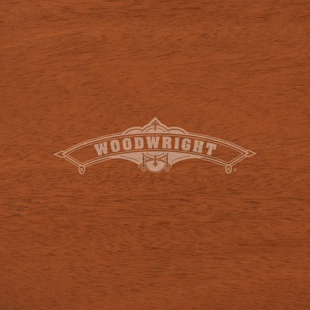 Woodwright logo on reddish-brown wood grain background.
