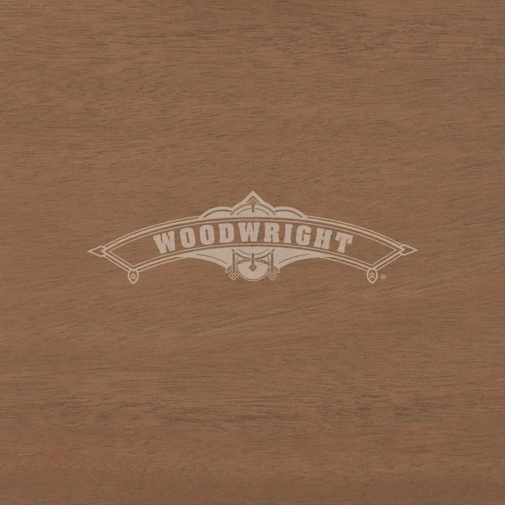 Woodwright logo on brown wood background.