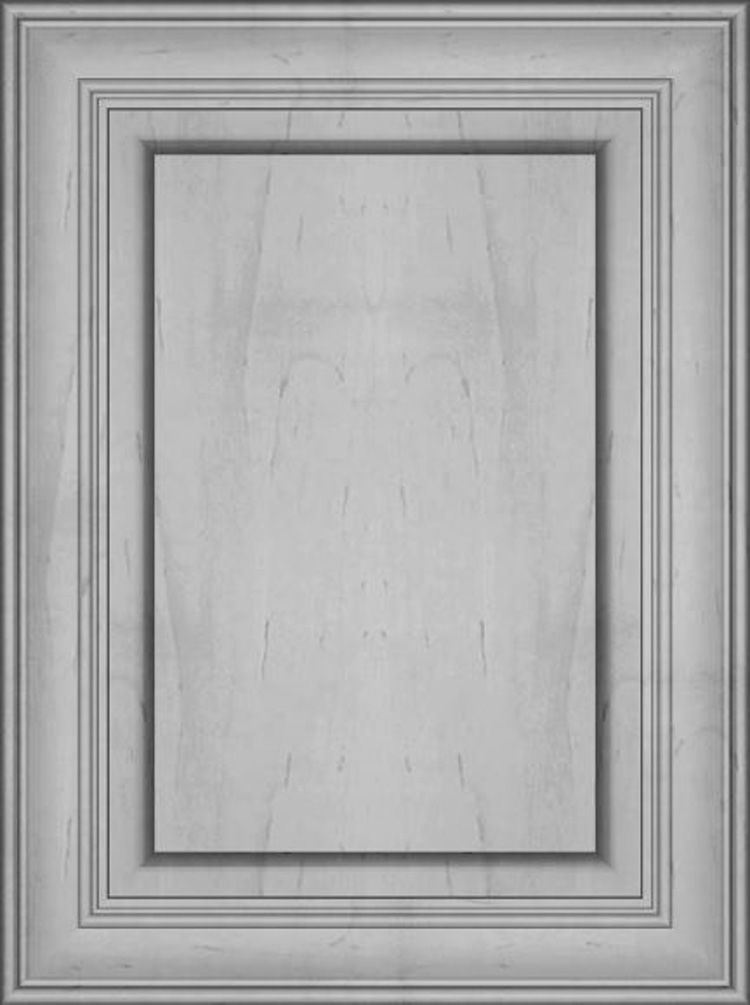 Gray wooden cabinet door with recessed panel.