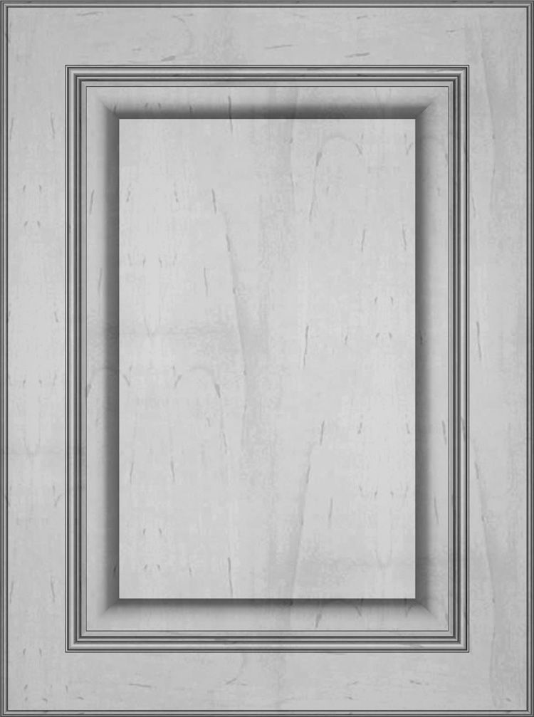 Gray cabinet door with recessed panel and decorative molding.