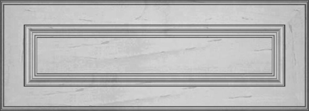 Cabinet door with a recessed center panel and decorative frame.