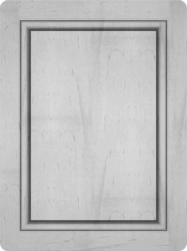 Cabinet door with raised panel and recessed border, in a light gray color.