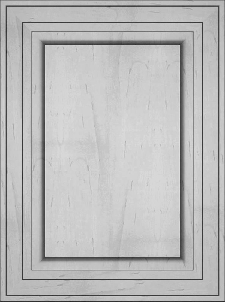 Gray-toned rectangular cabinet door with layered paneling and central recessed rectangle.