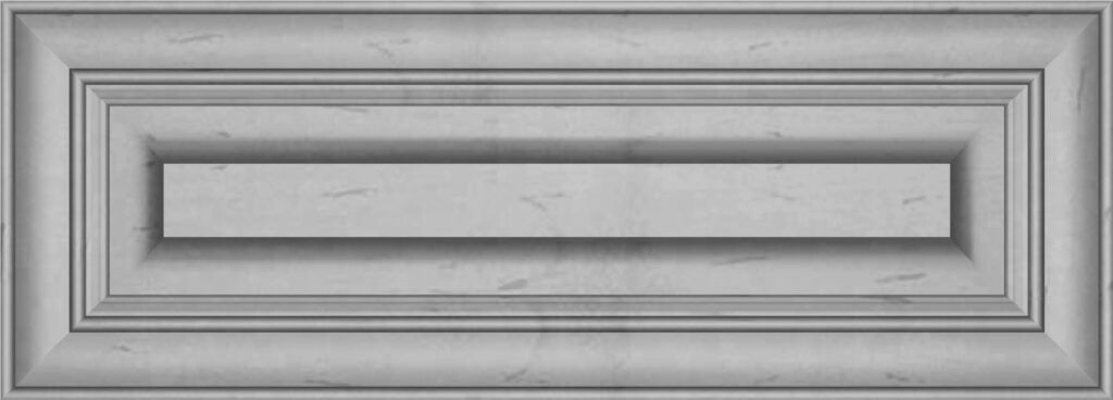 Gray, rectangular cabinet door with raised panel and molding detail.