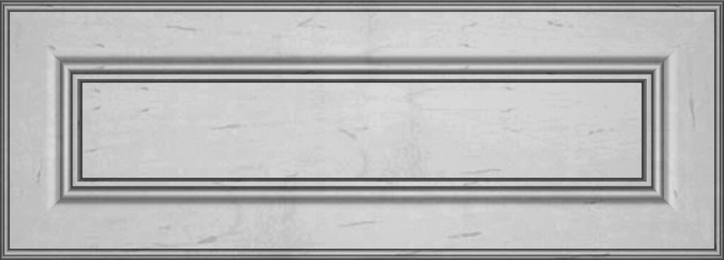Gray and white rectangular cabinet door with inset panel and beveled edges.