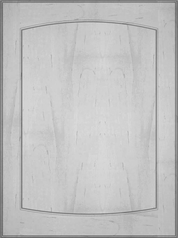 Cabinet door with a light wood grain finish and arched panel detailing.