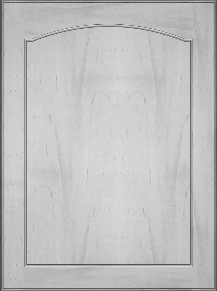 Light-colored wood cabinet door with arched top panel and rectangular frame.