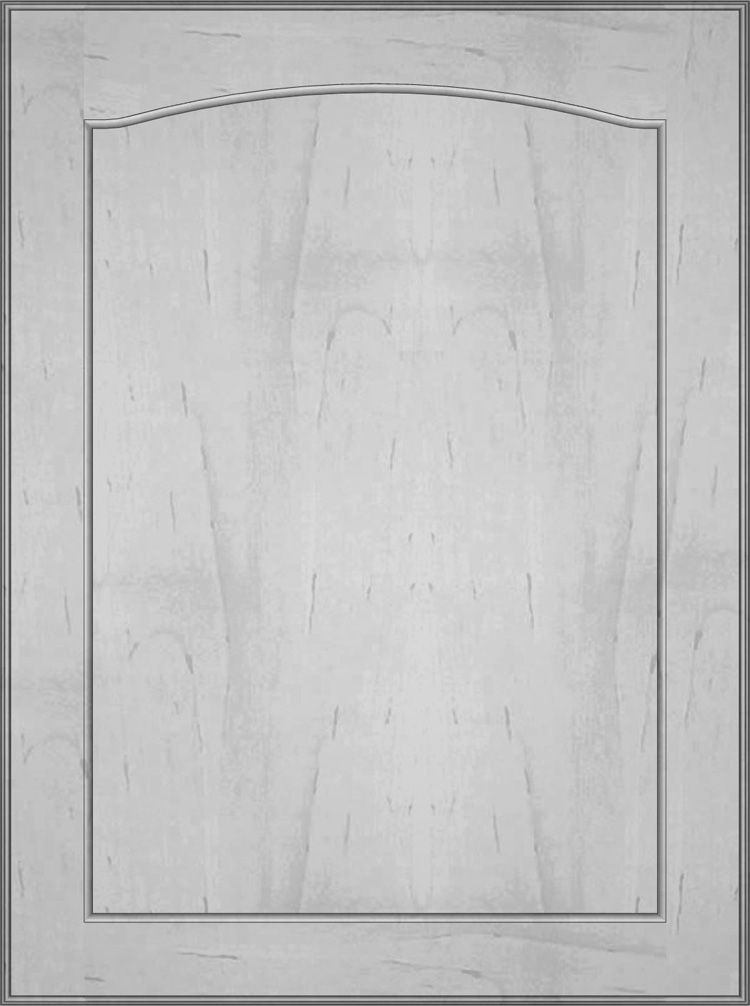Light-colored, arched-top cabinet door with vertical wood grain.