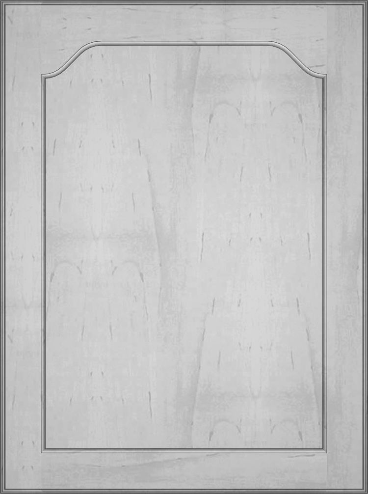 Light wood cabinet door with a framed, recessed panel and an arched top edge.