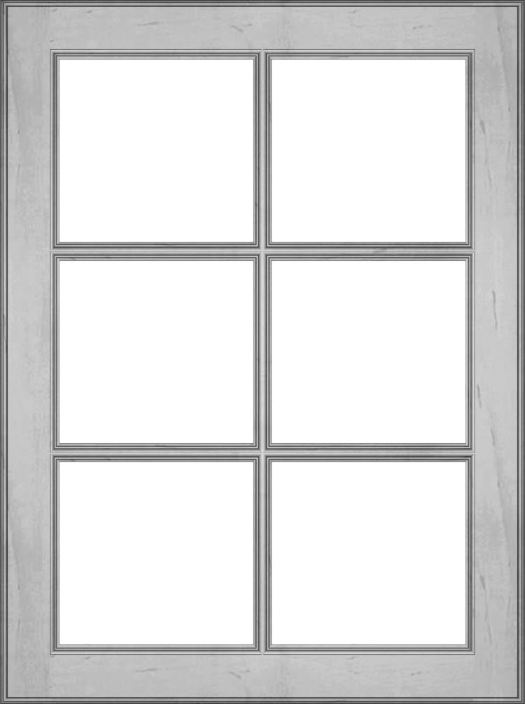 Six-pane window with gray frame and white panes.