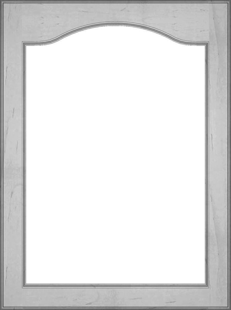 Light gray wooden cabinet door with an arched top.