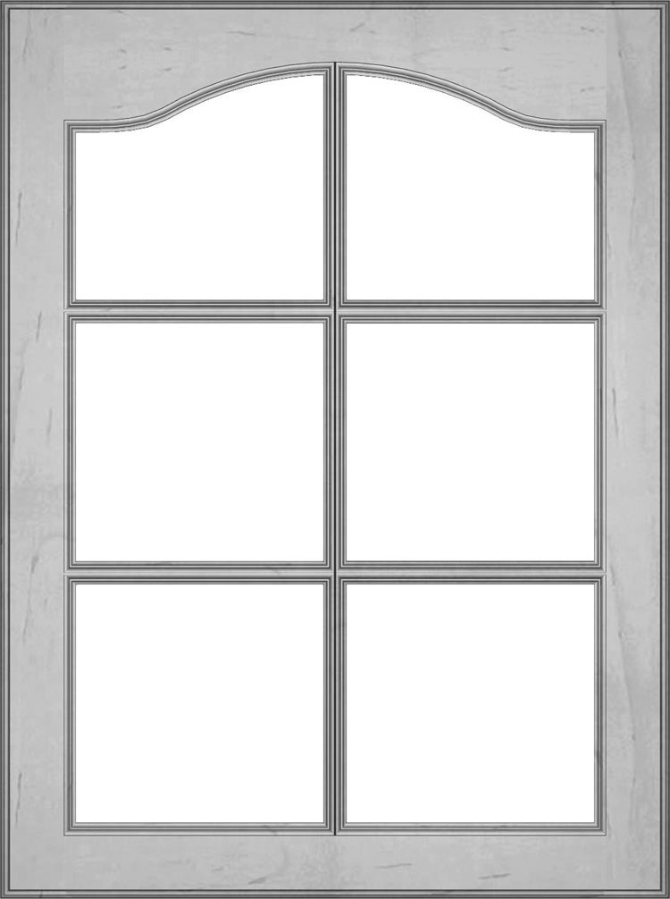 Gray framed window with six panes. Top section has curved arch.