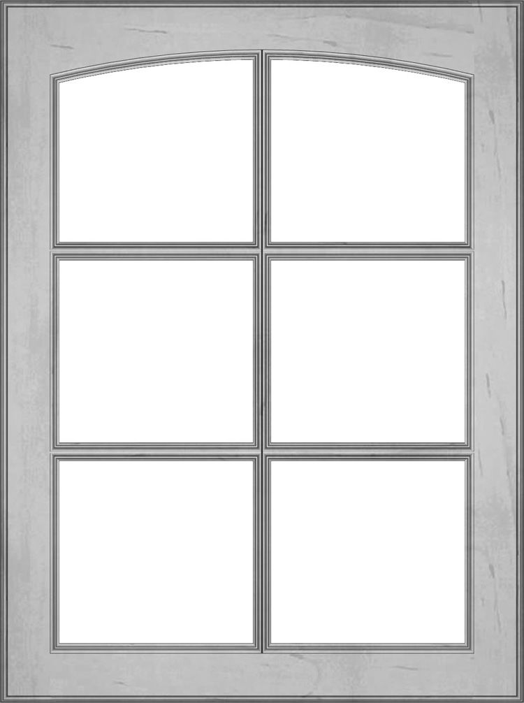 Window with six panes, arched top, gray frame.