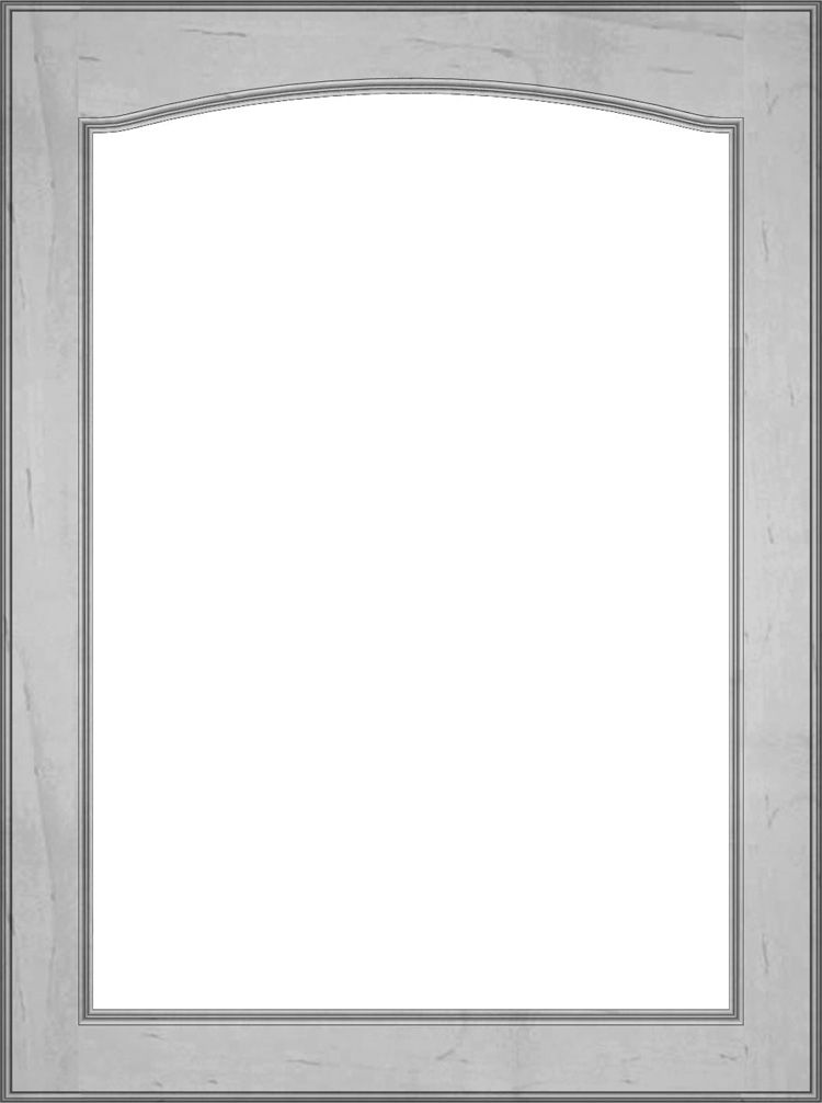 Light gray cabinet door with arched top, recessed panel.