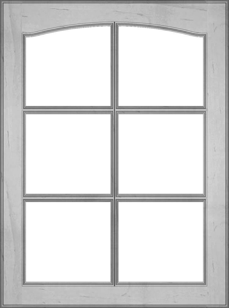 Grey window with six panes and an arched top.