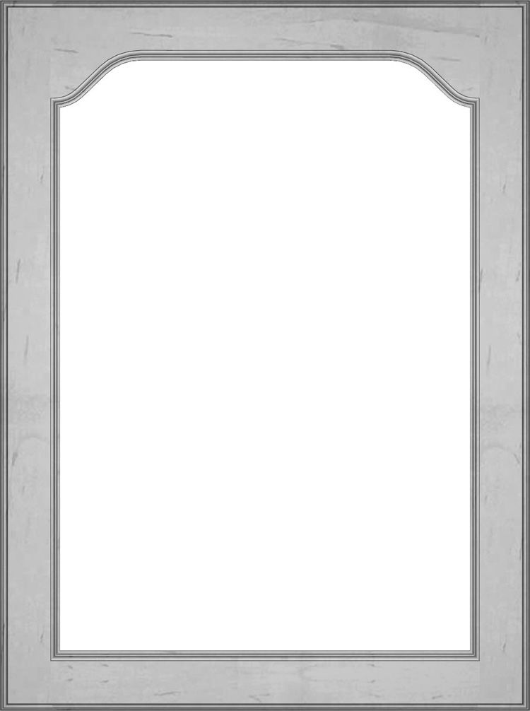 Gray, ornate picture frame with an arched top, empty white space.