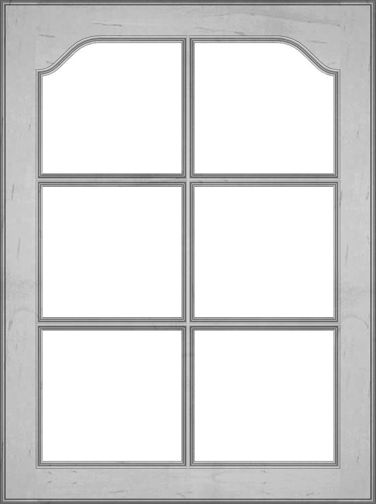 Gray wooden cabinet door with six window panes, the top two panes have decorative arched design.