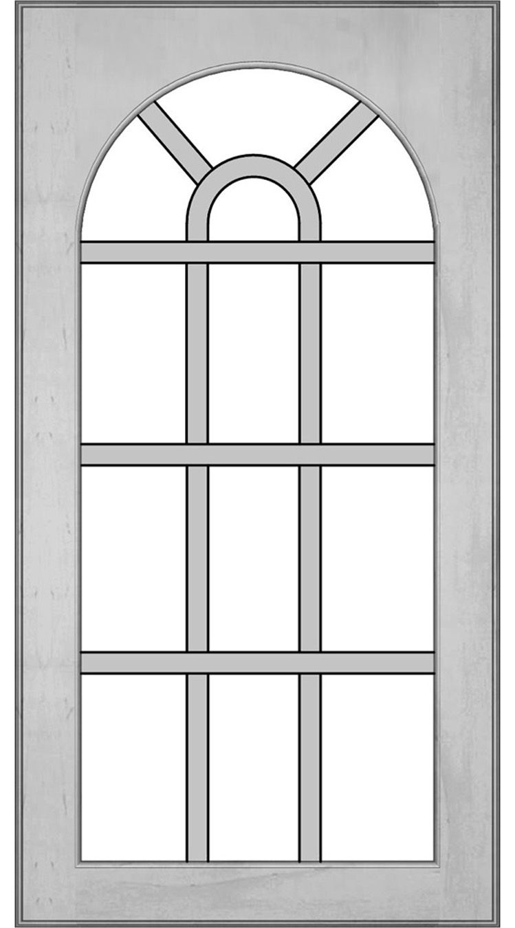 Arched window with gray frame and grid pattern, featuring an arched top and multiple panes.