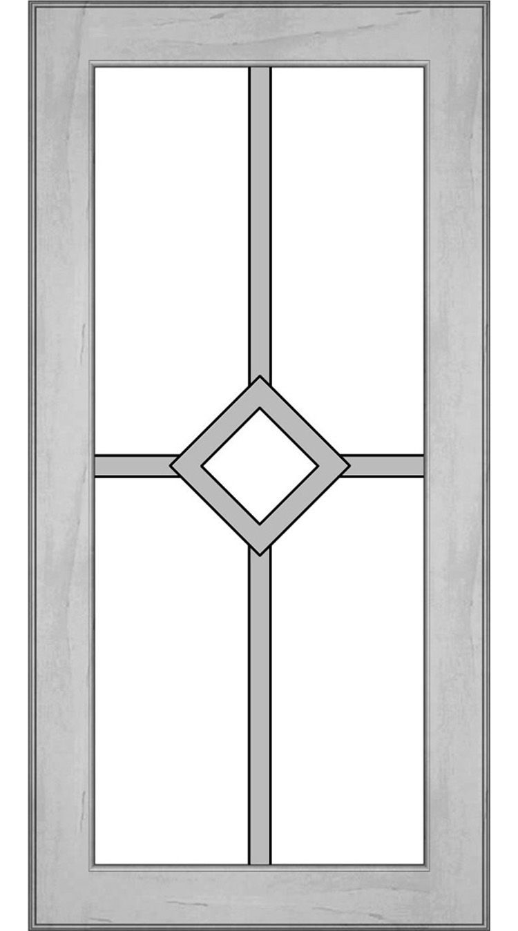 Wooden door with a clear glass panel divided by gray vertical and horizontal bars and a central diamond.
