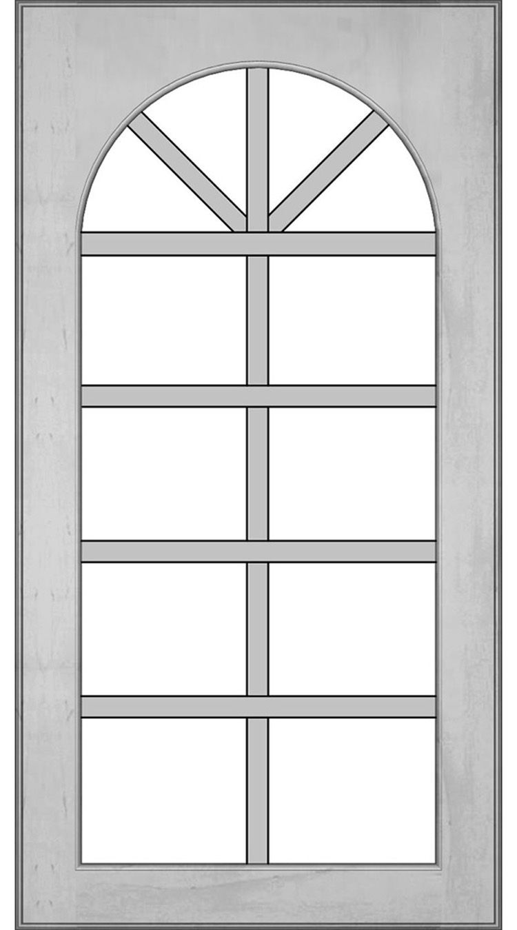 A gray arched window with a grid pattern.