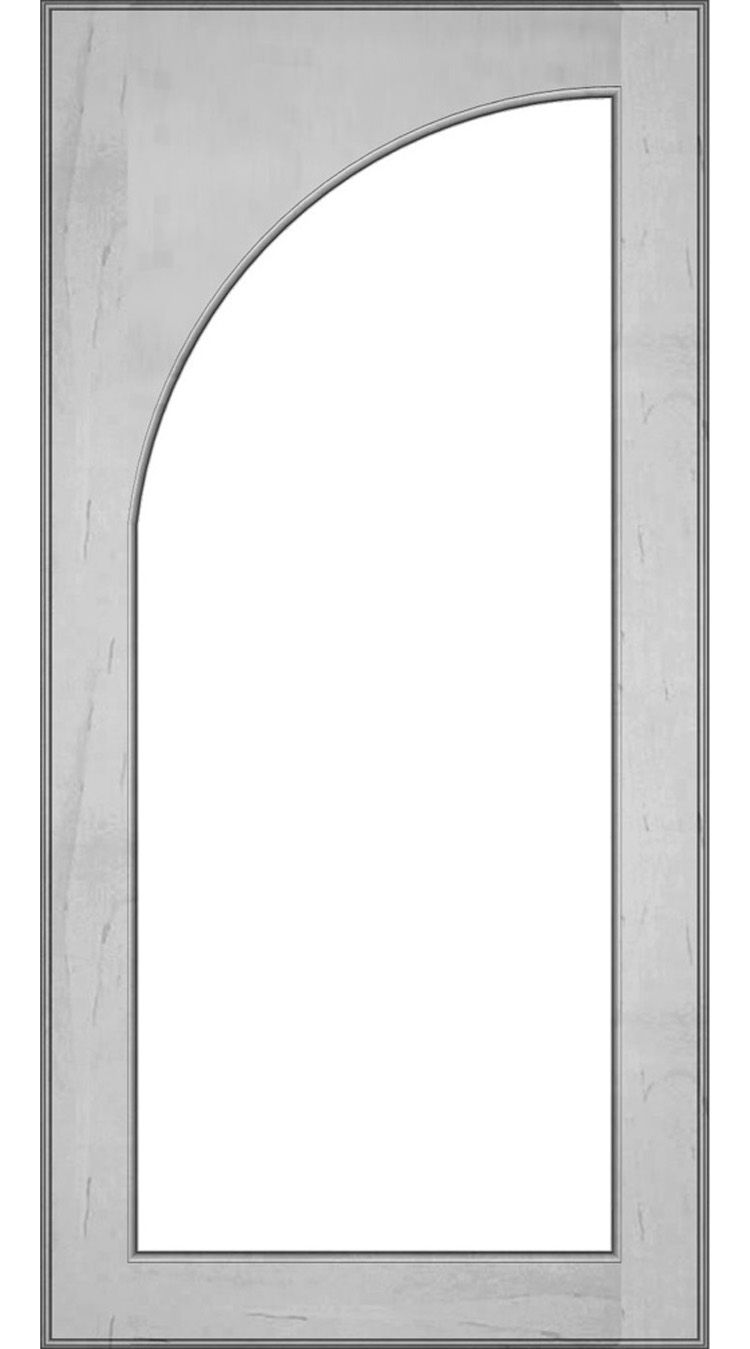 Arched-top window frame with a curved top section, empty window space.