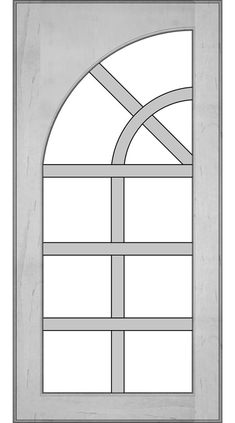 Gray-framed door with arched top window pane. Grid of bars create small squares in window.