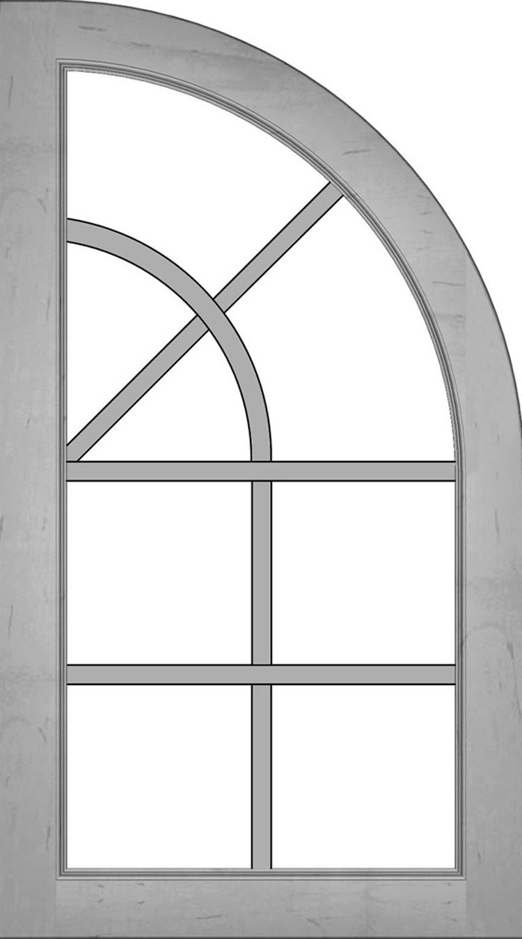 Arched window with divided panes: Rectangular with a rounded top, gray frame and grid pattern.