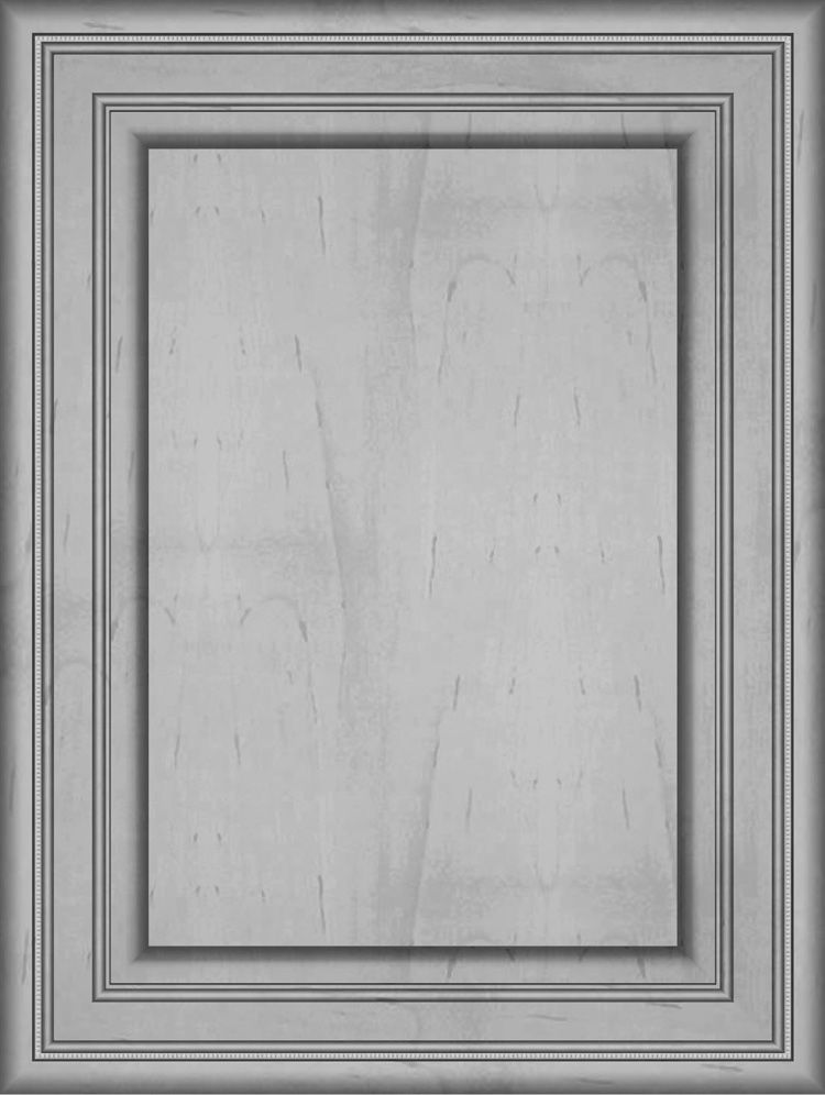 Gray cabinet door with layered paneling.