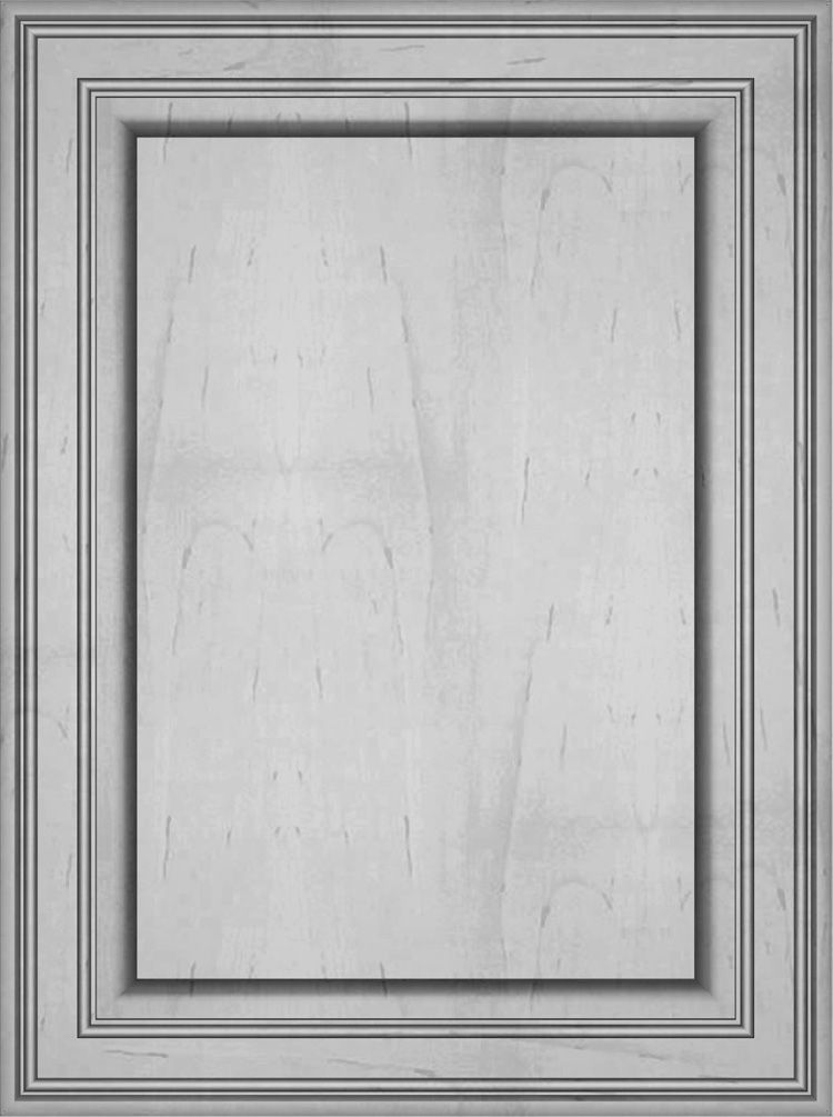 Grey-toned cabinet door with recessed panel and decorative frame.
