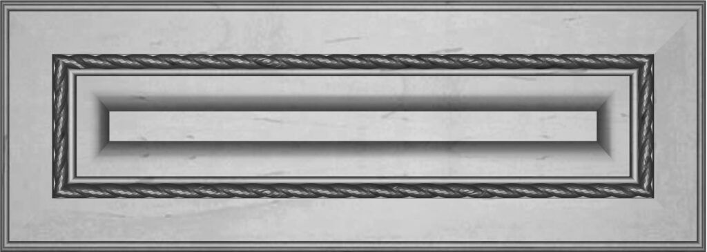 Gray rectangular cabinet door panel with carved trim and recessed center.