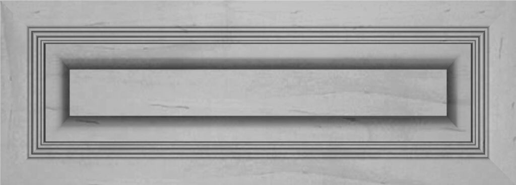 Recessed panel on a cabinet door, with molded trim and a central rectangular panel.