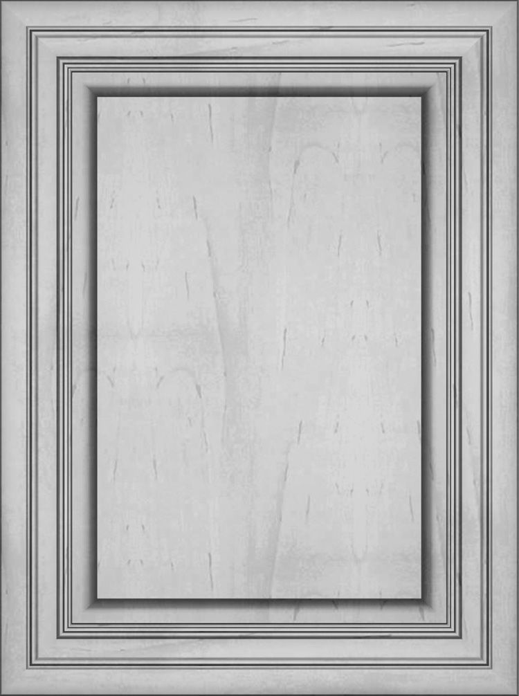 Gray cabinet door with layered molding and a recessed panel.