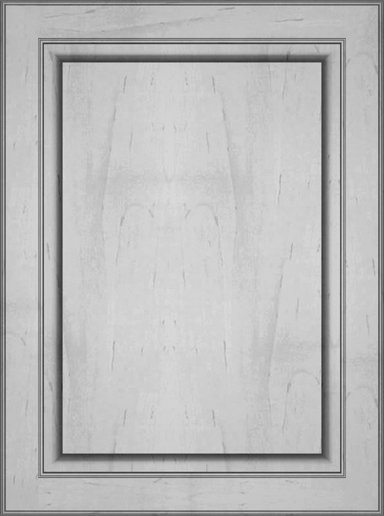 Light-colored, inset kitchen cabinet door with raised panel and beveled edges.