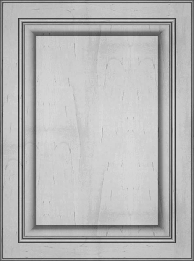 Gray-toned cabinet door with recessed panel and decorative molding.