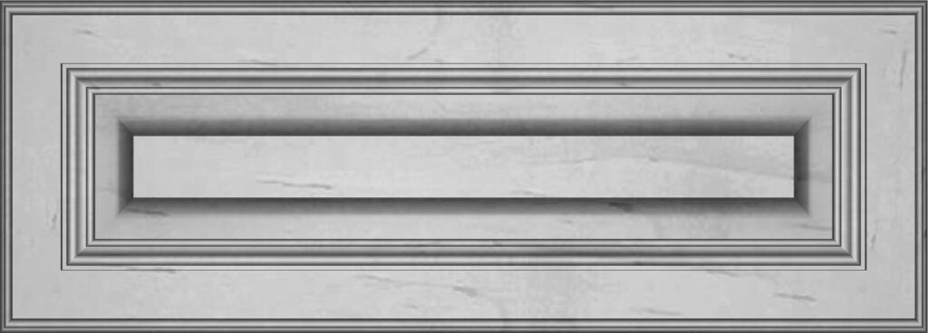 A grayscale cabinet door with recessed panel and decorative molding.