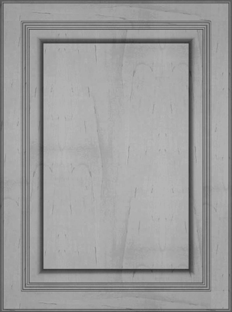 Gray cabinet door with recessed panel and decorative molding.