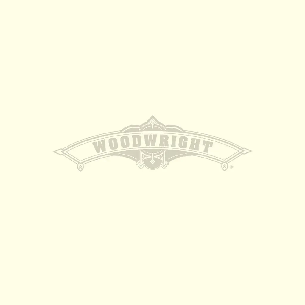 Woodwright logo, cream background, arched banner with 