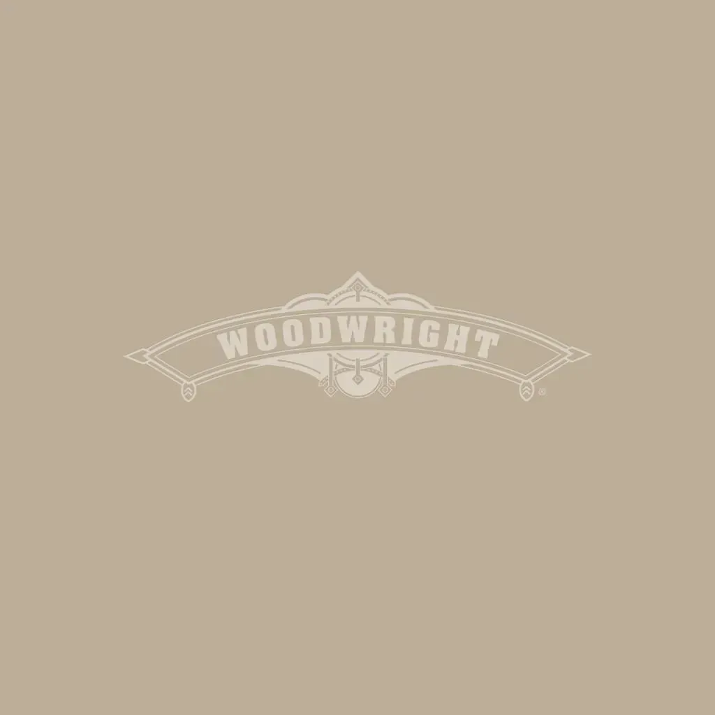 Woodwright logo on a tan background, with stylized text and decorative elements.