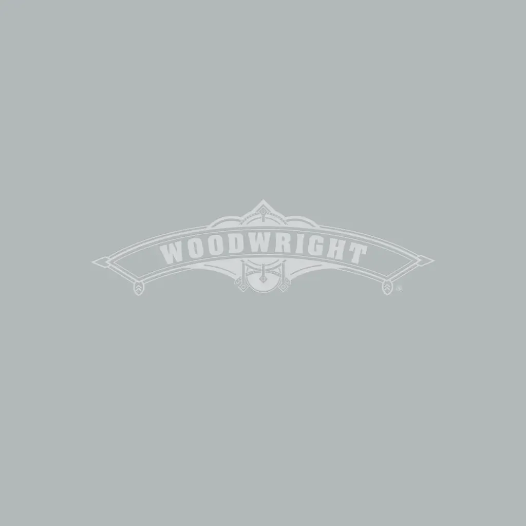 Woodwright logo on a light gray background; curved banner with the name, and ornate details.