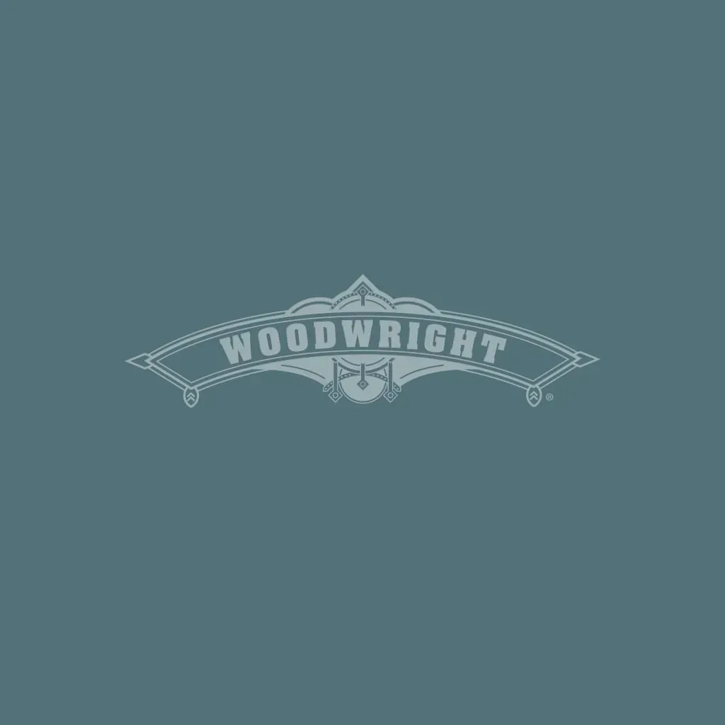 Woodwright logo, text on a banner, teal background.