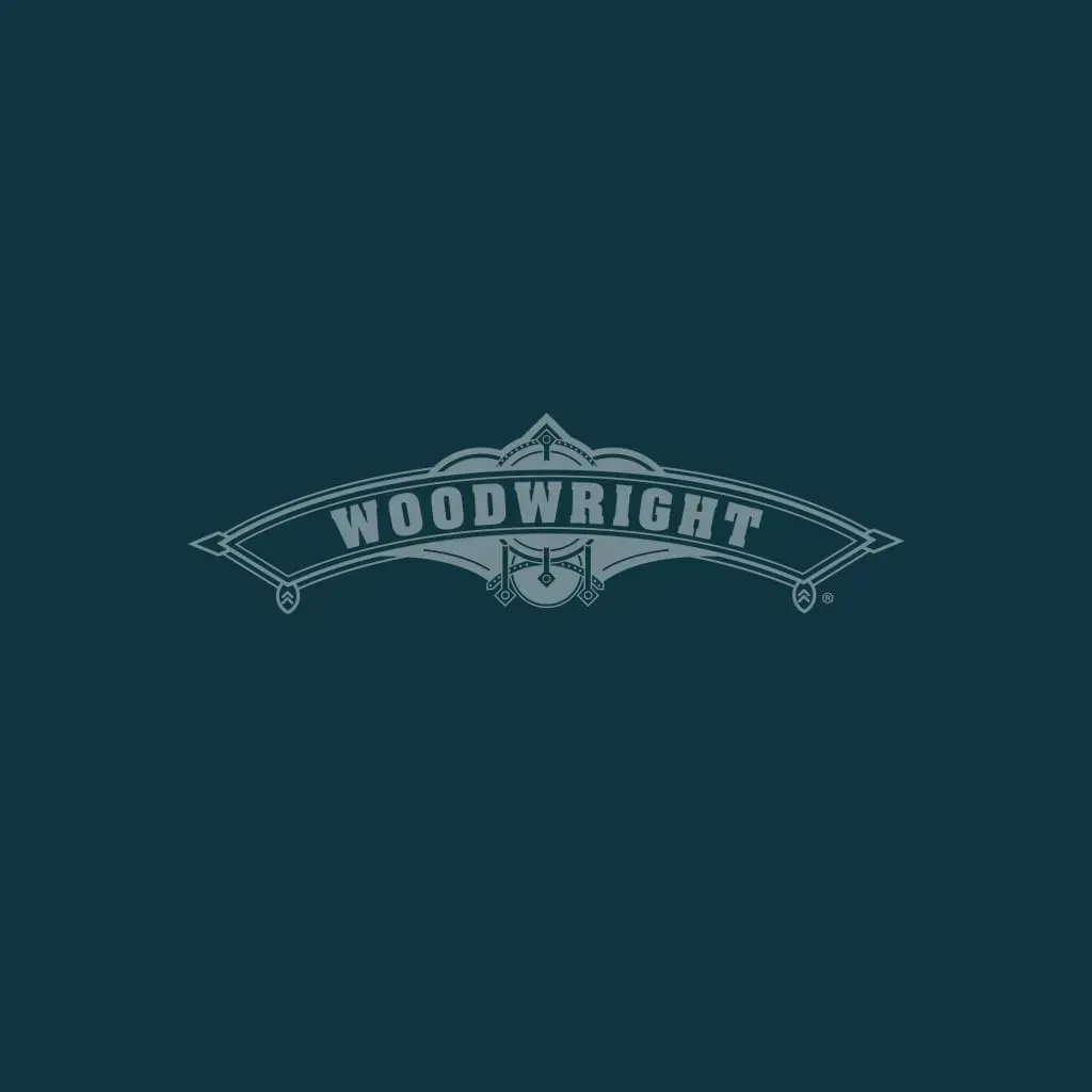 Woodwright logo with stylized banner and text on a teal background.