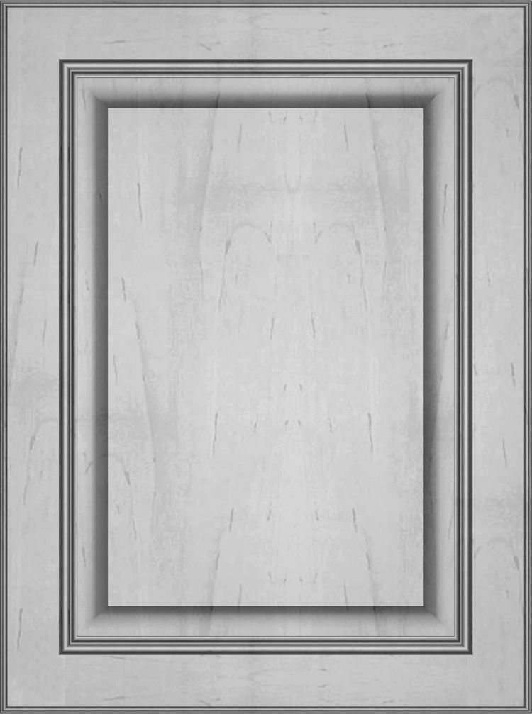 Cabinet door with recessed center panel and raised frame, light wood grain.