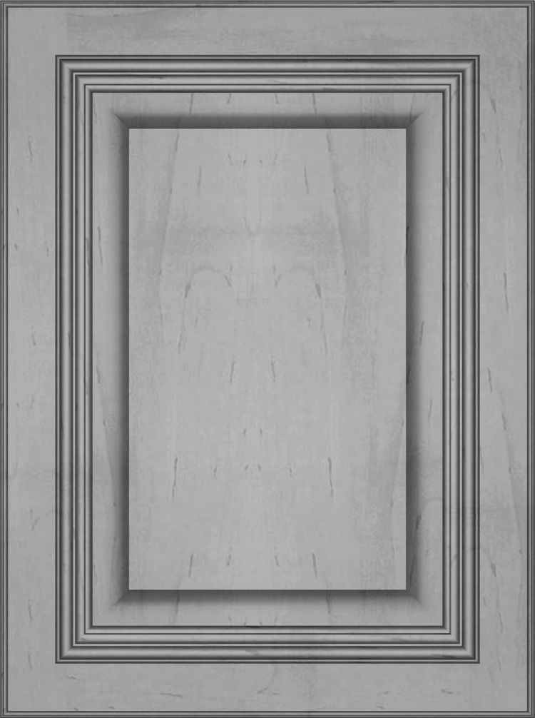 Gray cabinet door with recessed panel and decorative molding.
