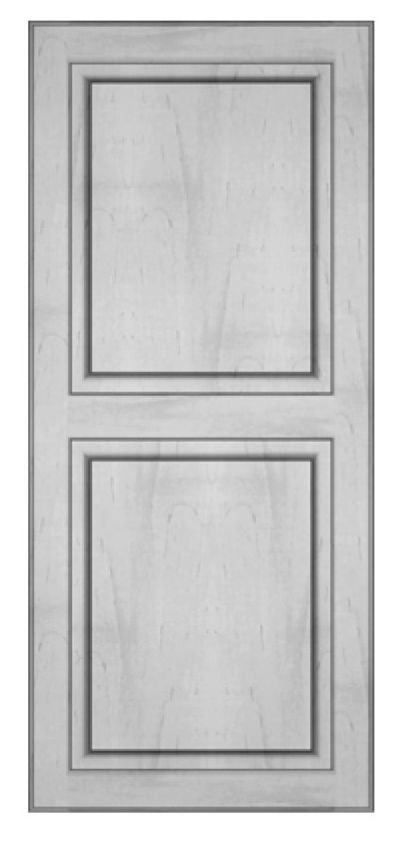 Two-panel, light gray cabinet door with a raised panel design.