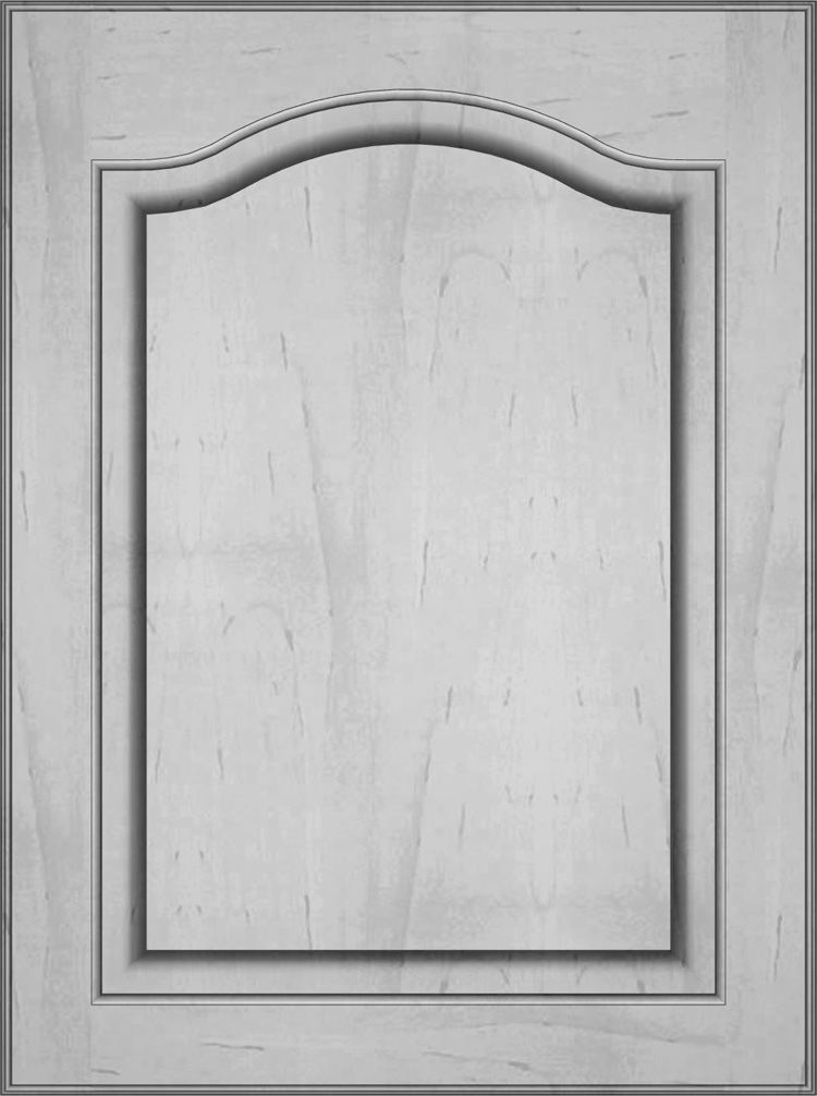 Light-colored cabinet door with a raised panel and arched top, showing wood grain.