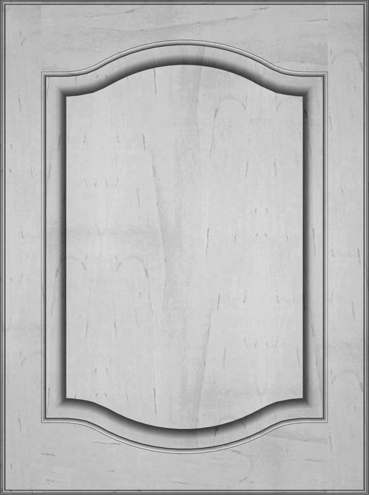 Cabinet door with a recessed, arched panel, light wood.