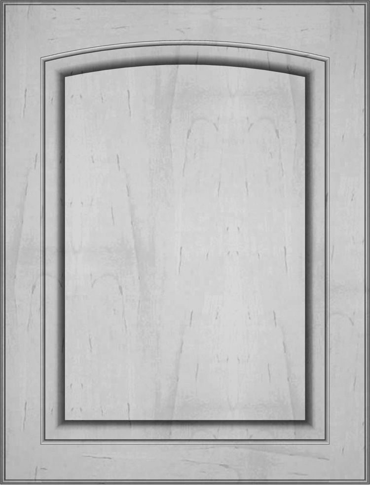 Light gray cabinet door with raised panel and arched top.